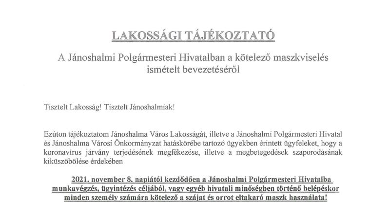 Lakossági Tájékoztató - kötelező maszkviselés